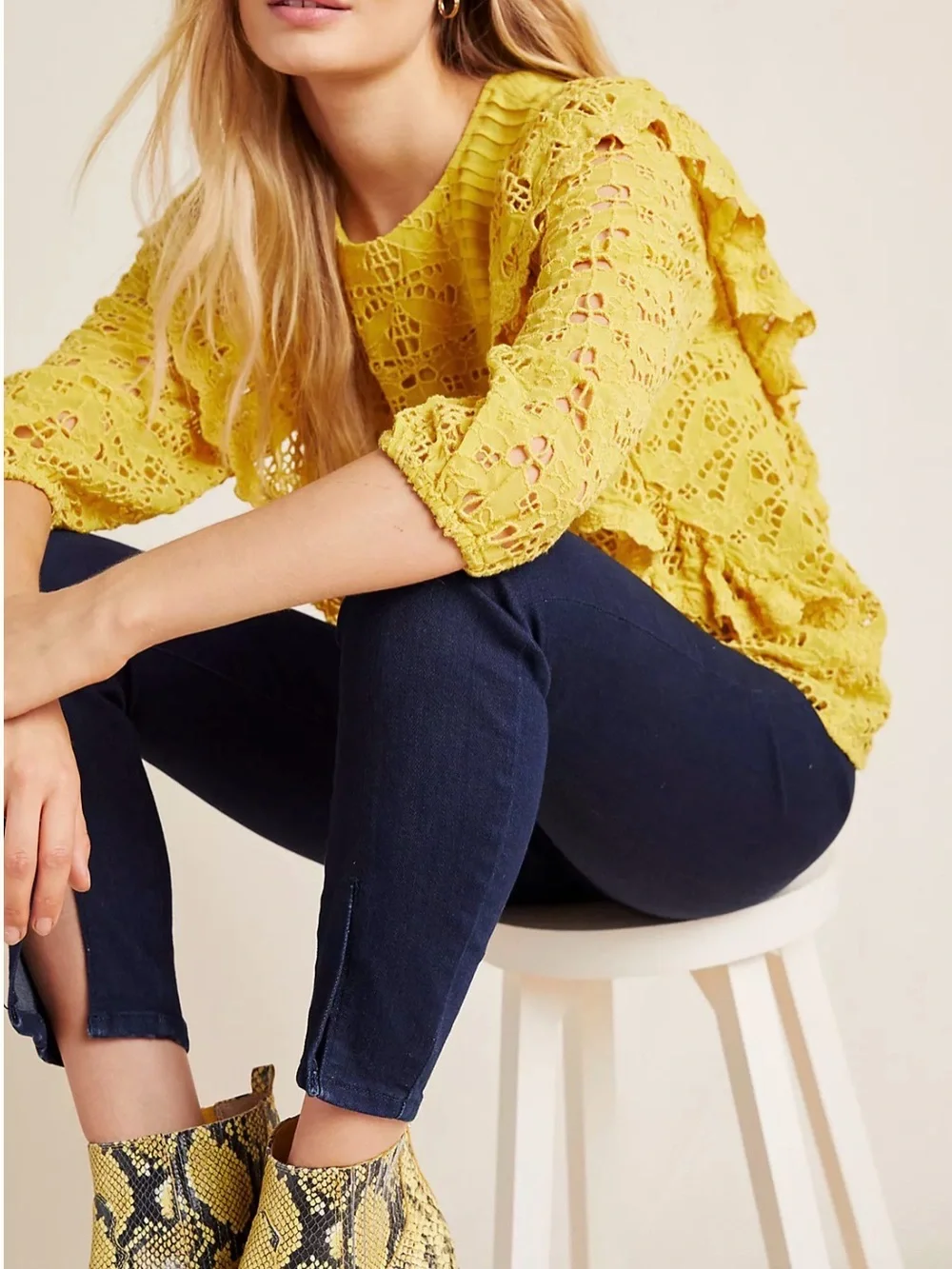 Anthropologie Maeve Clementine Yellow Eyelet Ruffled 3/4 Sleeve Blouse Size 4